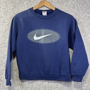 Vintage Nike Sweatshirt Kids 14-16 Blue Swoosh Logo Crewneck Fleece USA 90s